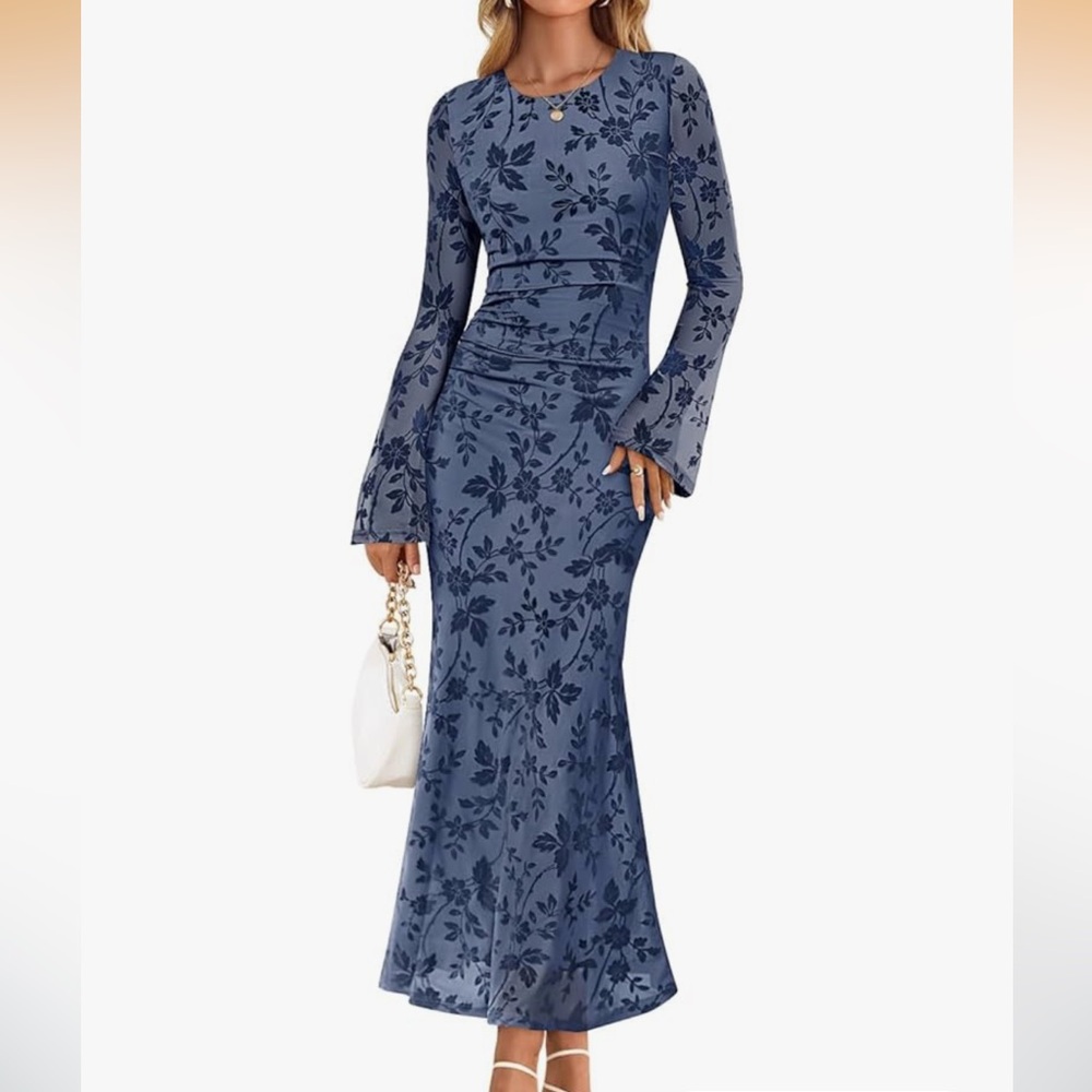 Elegant Dusty Blue Floral Long Sleeve Maxi Dress